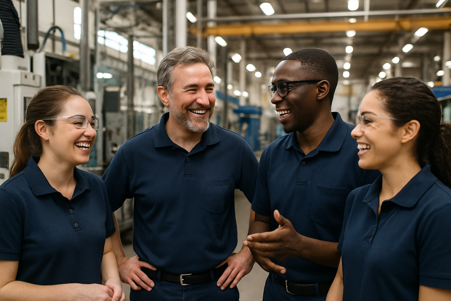 manufacturing team on the plant floor talking and smiling